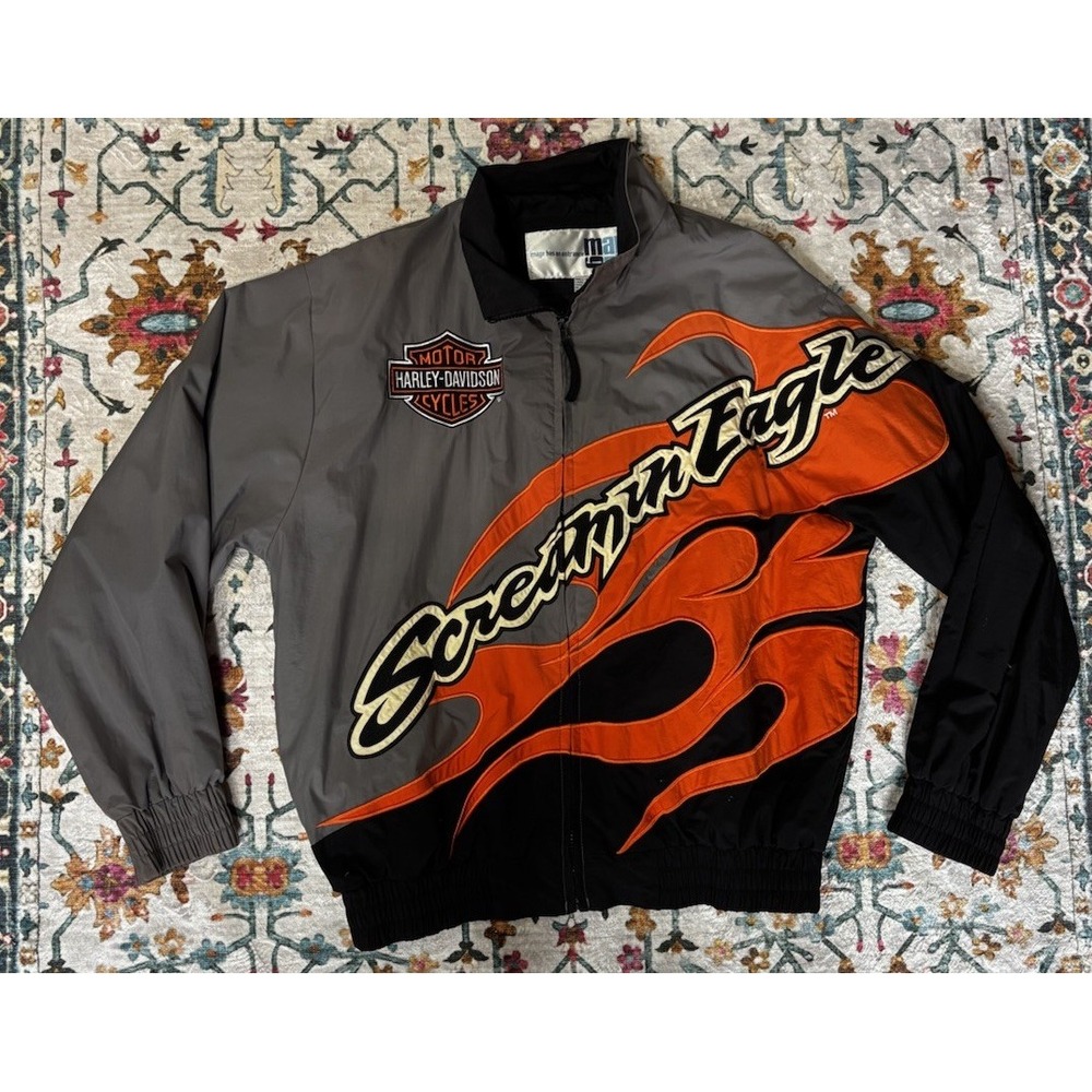 Jacket Harley Davidson Large Screamin Eagle Racing Vintage Orange Black‎ Flames